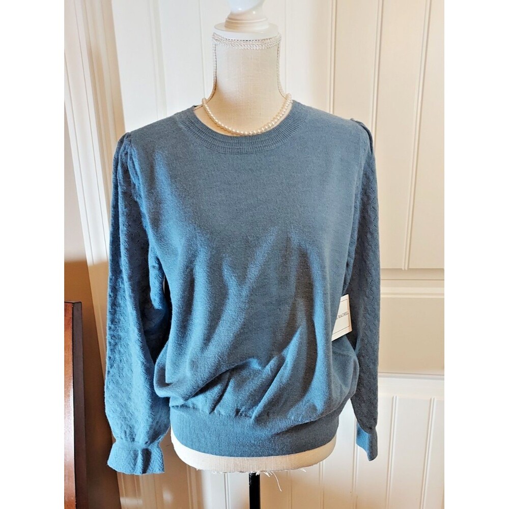 Zac & Rachel Pointelle Puff Sleeve Sweater NWT L Chambray Blue Coastal Grandma